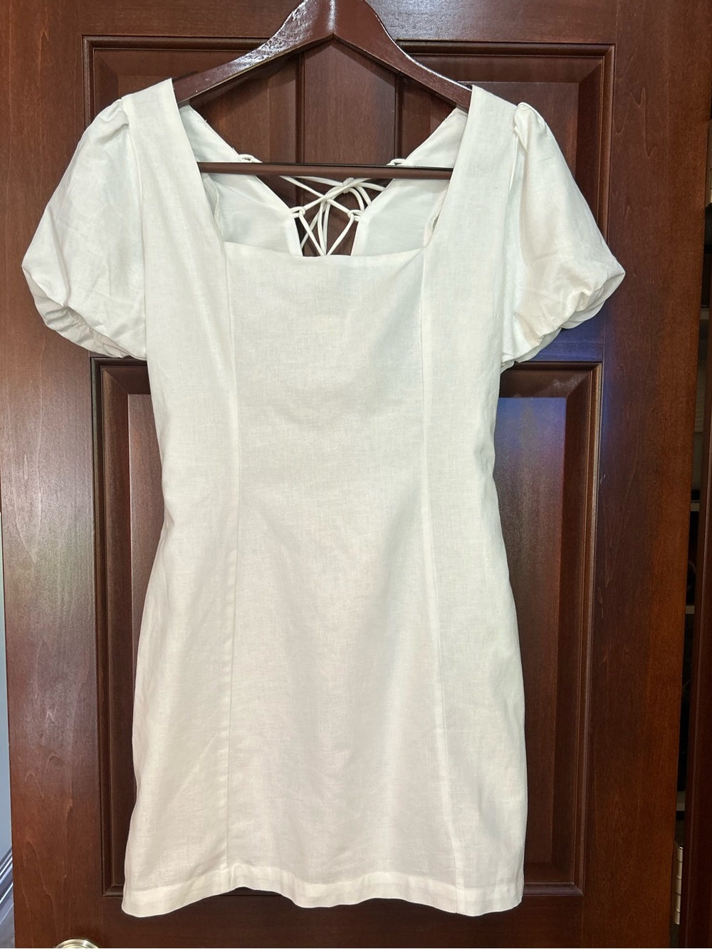 Altar’d State White Cotton Puff Sleeve Lace Up Back Mini Dress Size S